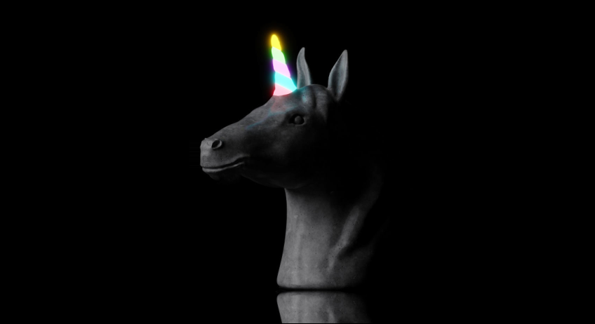 Unicorn Logo, grayscale with a neon rainbow horn